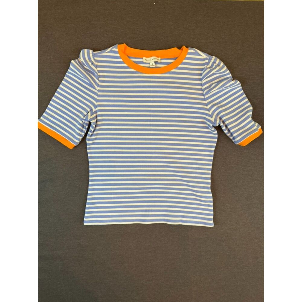 Rebecca Minkoff Puff Sleeve Ribbed Striped Top Blue Orange Medium NWT
